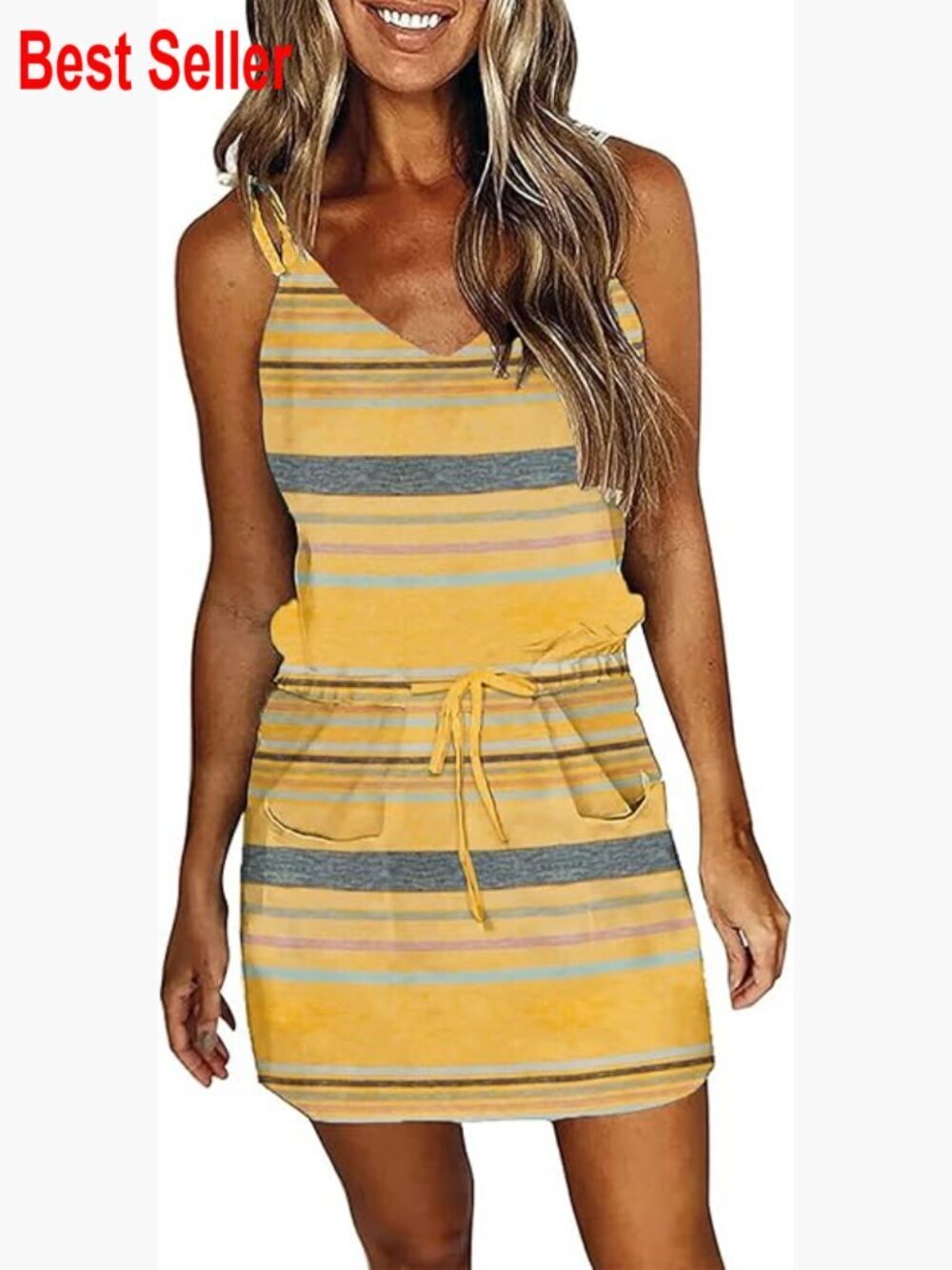 Sleeveless Halter Mini Dress with Pockets, Striped Summer Dress